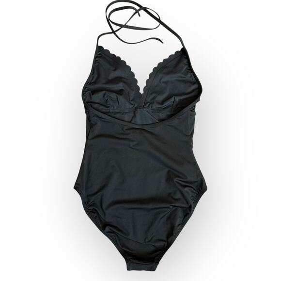 J.CREW Halter Scalloped Swimsuit One Piece Minimalist Classic Black V-neck Sz 2 - Picture 6 of 12